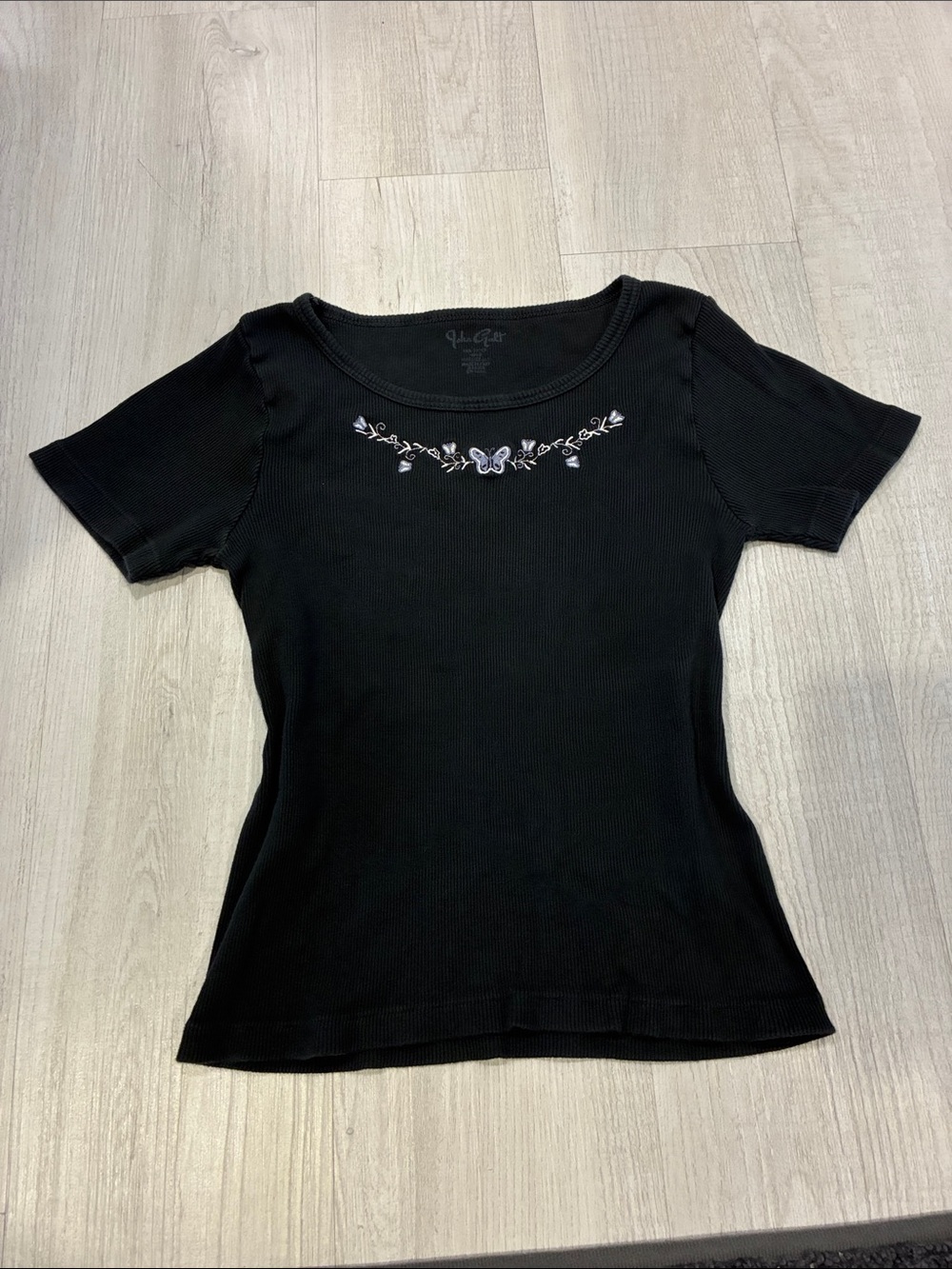 Brandy Melville Black Short-Sleeve Scoop Top with Embroidered Butterfly